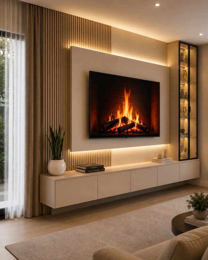 Hearthstone Linen Fireplace Floating Wall TV Unit, modern wall-mounted TV unit by TVStands.co.za, South Africa