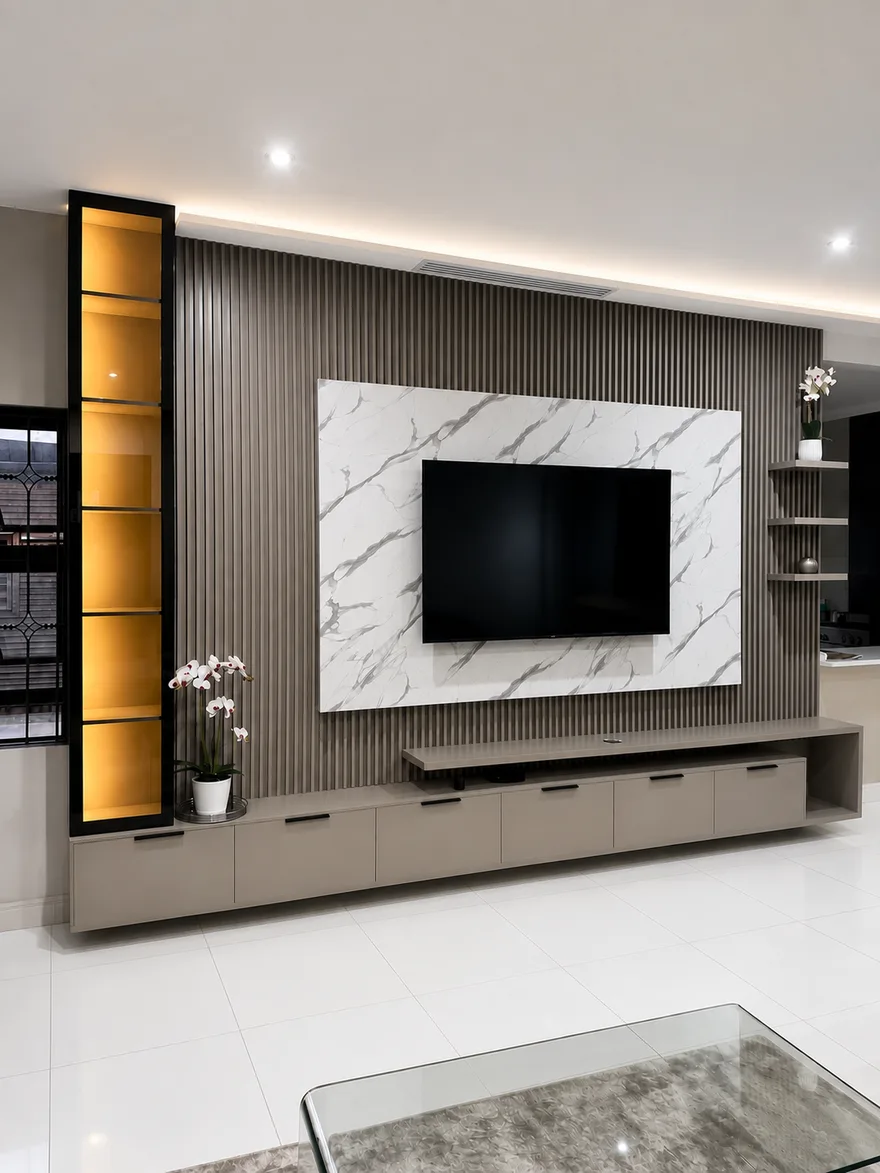 Metropolitan Fluted Marble Wall TV Unit, luxury wall-mounted TV unit by TVStands.co.za, South Africa