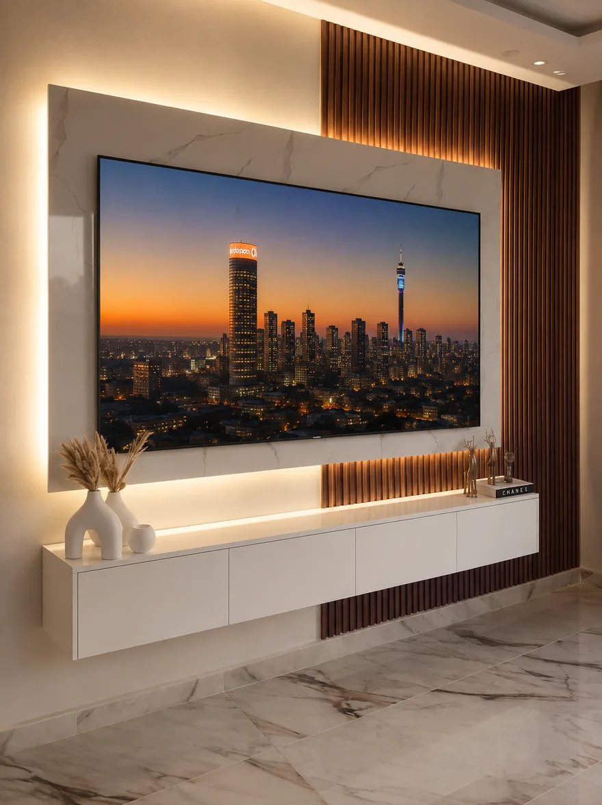 Skyline Marble & Walnut Floating Wall TV Unit, luxury wall-mounted TV unit by TVStands.co.za, South Africa