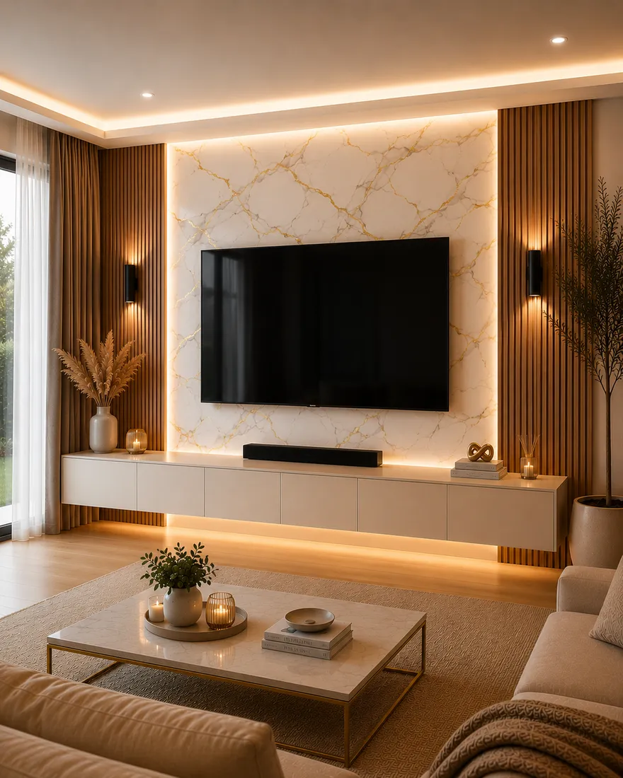 Tuscan Gold Marble Floating Wall TV Unit, luxury wall-mounted TV unit by TVStands.co.za, South Africa